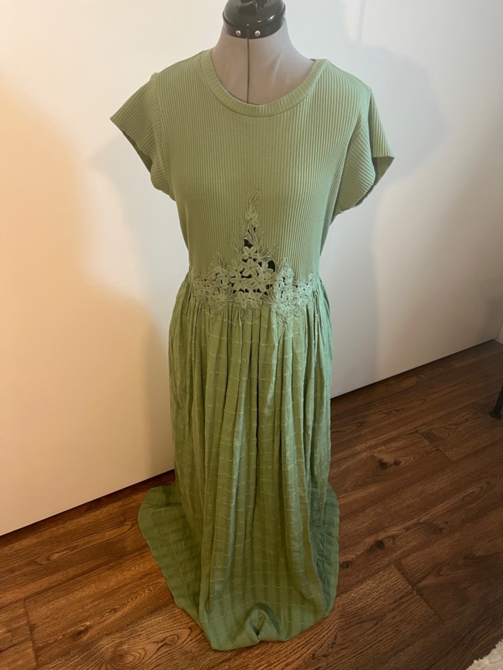 Free People Sage Green Ribbed Maxi Dress with Lace Waist